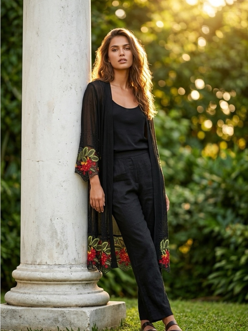 Black Sheer Embroidered Duster – Floral Open Front Layering Piece